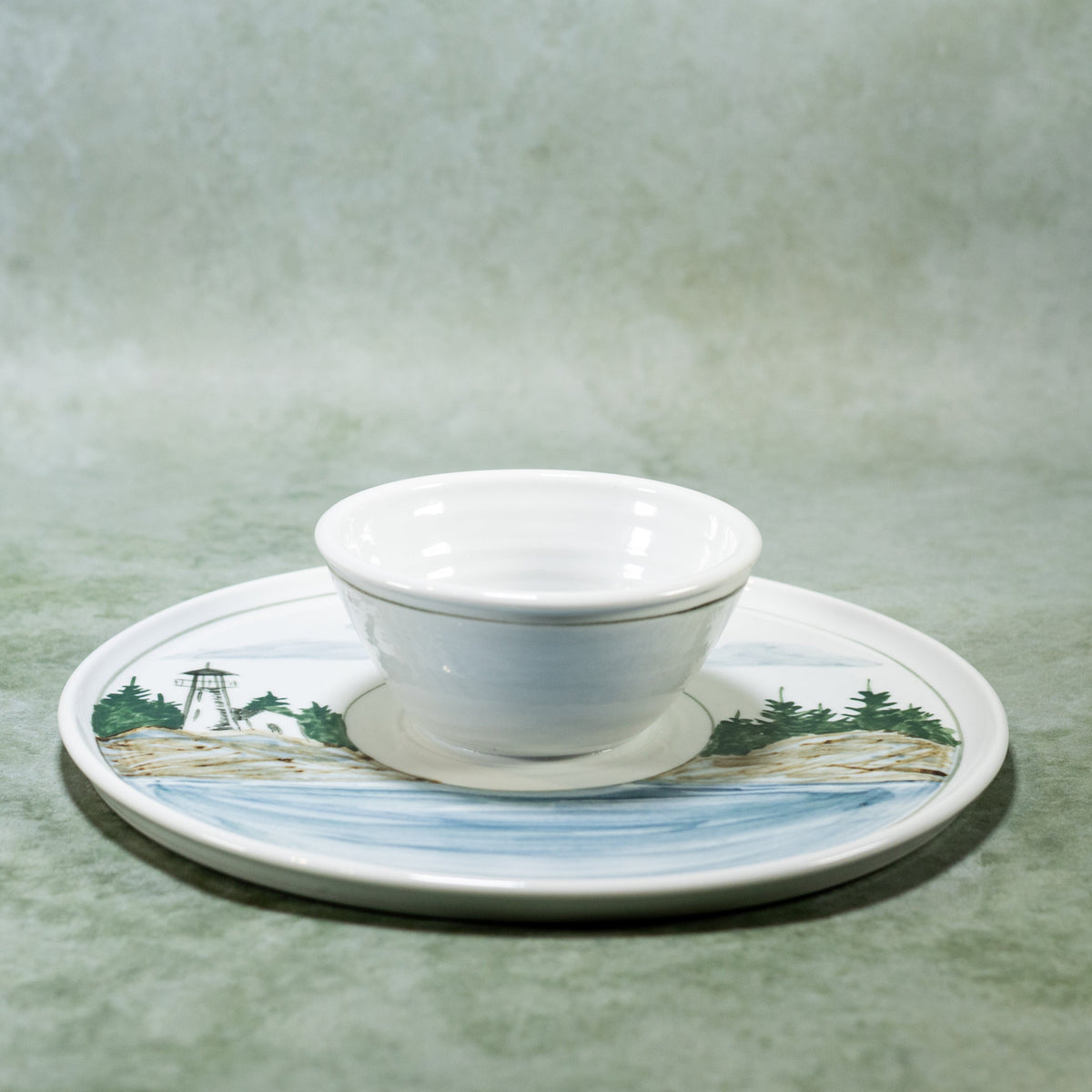 Ceramic Chip & Dip Tray in Lighthouse pattern handmade by Georgetown Pottery in Maine