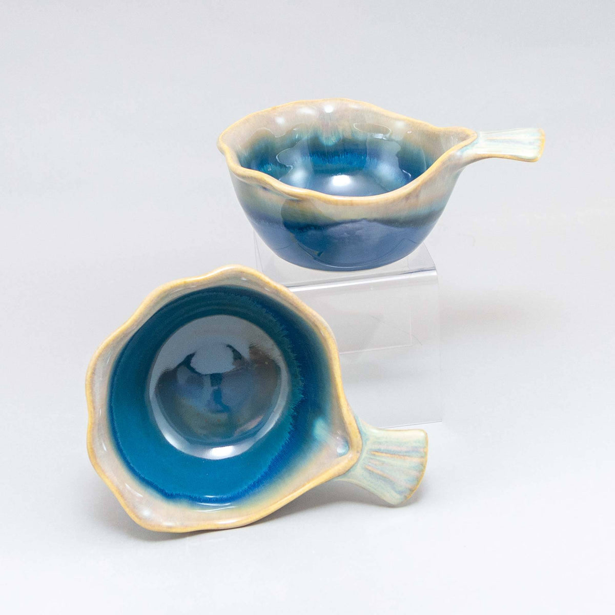Handmade Pottery Fish Handled Bowl in Blue Oribe pattern made by Georgetown Pottery in Maine