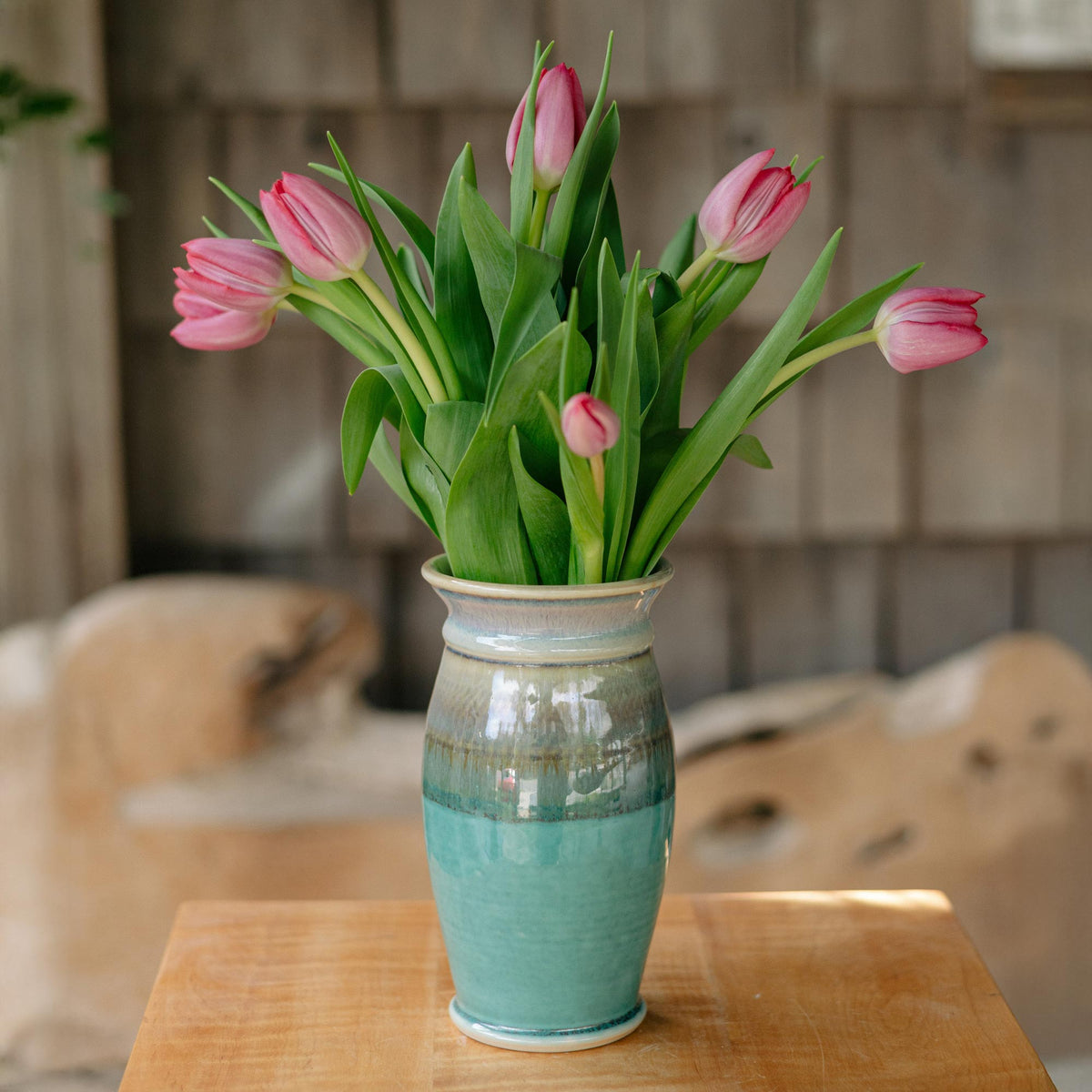 Porcelain Garden Vase in Green Oribe handmade by Georgetown Pottery in Maine