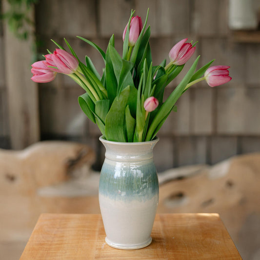 Handmade Garden Vase in Ivory Blue 
 pattern made by Georgetown Pottery in Maine 