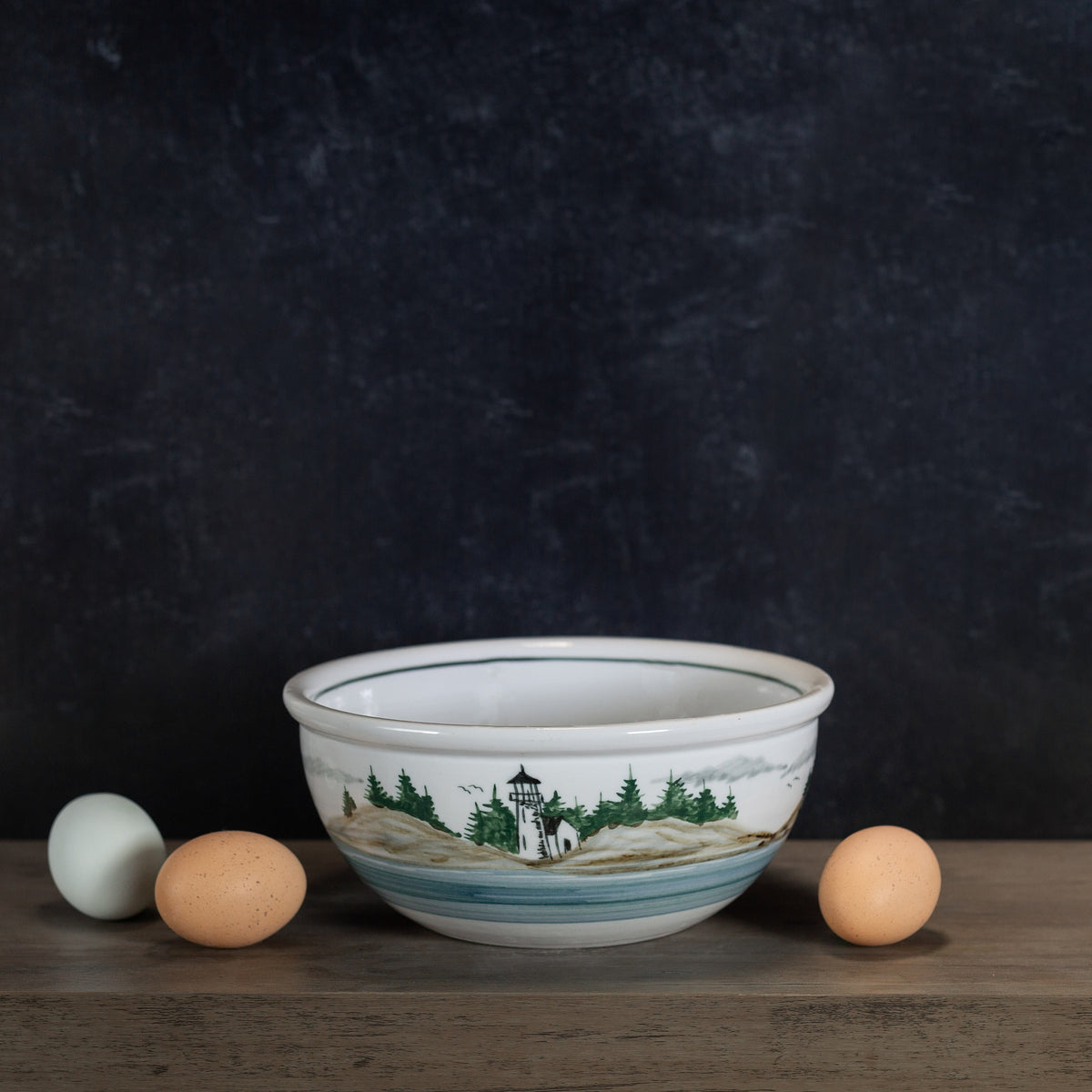 Handmade Pottery 8 Inch Mixing Bowl in Lighthouse pattern made by Georgetown Pottery in Maine