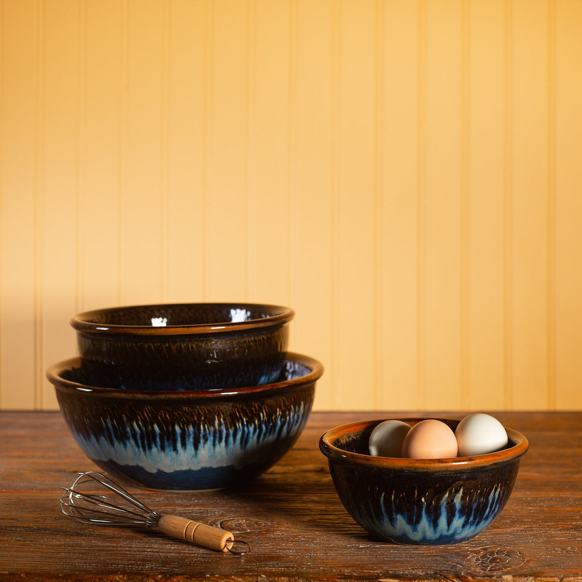 Handmade Pottery Mixing Bowl Set of 3 (6,8,10) in Blue Hamada pattern made by Georgetown Pottery in Maine