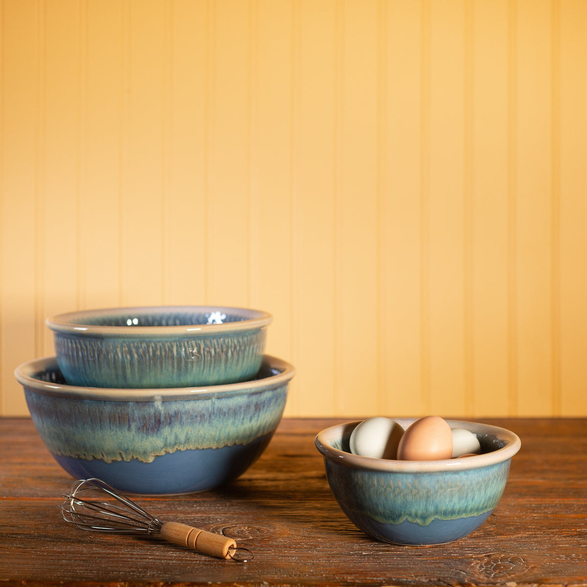 Handmade Pottery Mixing Bowl Set of 3 (6,8,10) in Blue Oribe pattern made by Georgetown Pottery in Maine