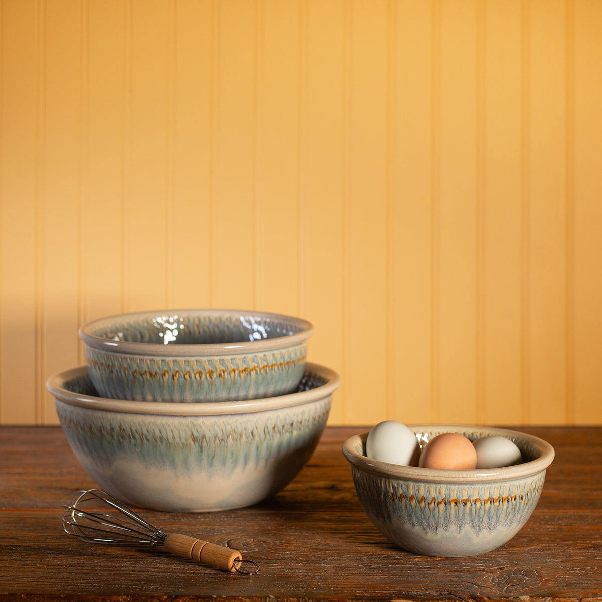 Handmade Pottery Mixing Bowl Set of 3 (6,8,10) in Ivory Blue pattern made by Georgetown Pottery in Maine