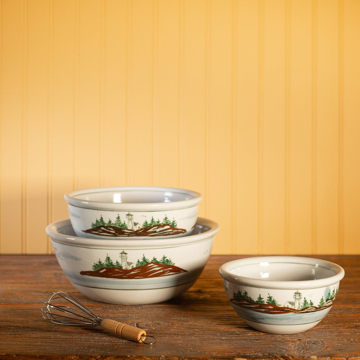 Handmade Pottery Mixing Bowl Set of 3 (6,8,10) in Lighthouse pattern made by Georgetown Pottery in Maine