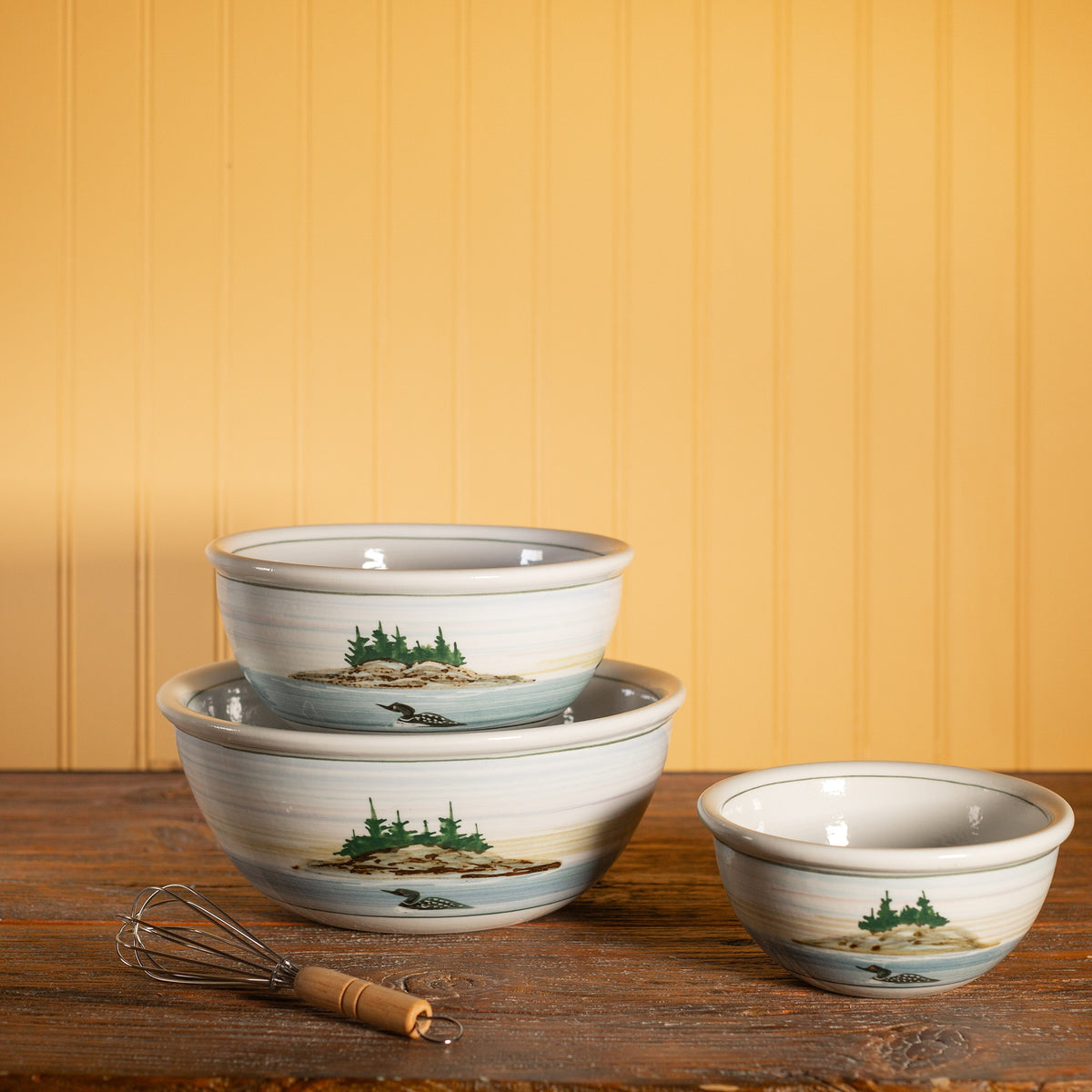 Handmade Pottery Mixing Bowl Set of 3 (6,8,10) in Loon pattern made by Georgetown Pottery in Maine