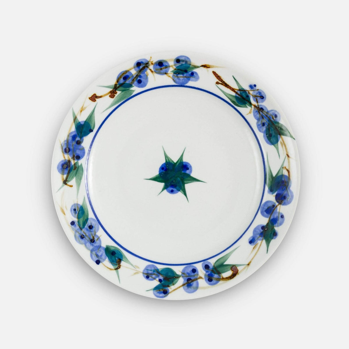 Handmade Pottery Footed Dessert Plate in Blueberry pattern made by Georgetown Pottery in Maine