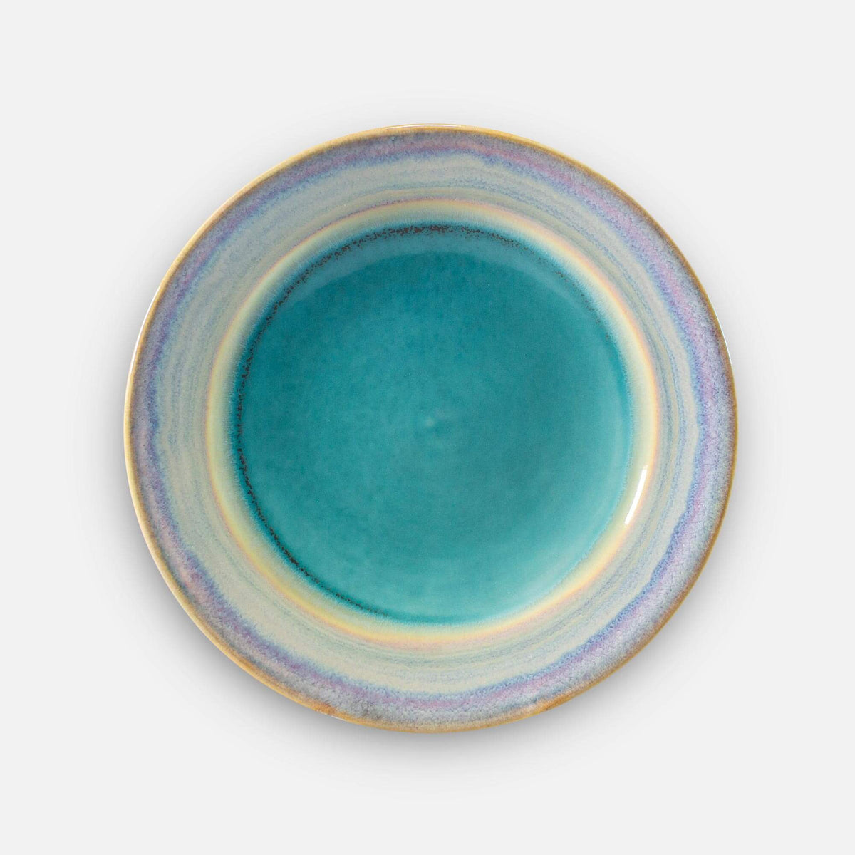 Handmade Pottery Footed Dinner Plate in Green Oribe pattern made by Georgetown Pottery in Maine
