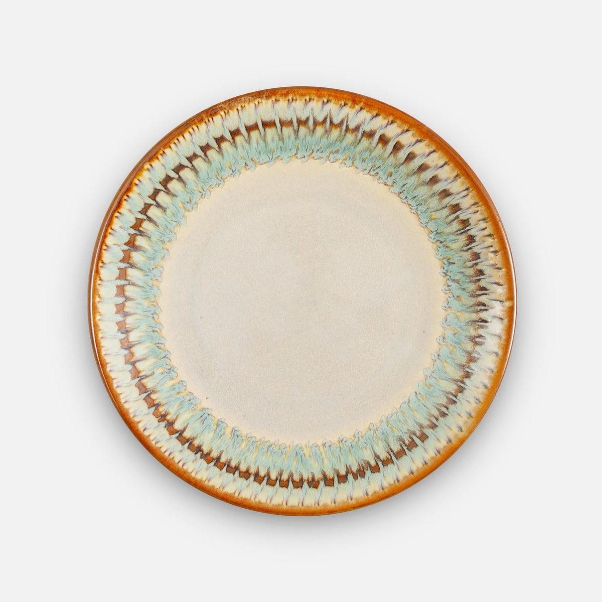 Handmade Pottery Rimless Dessert Plate made by Georgetown Pottery in Maine in Ivory Green Oribe pattern