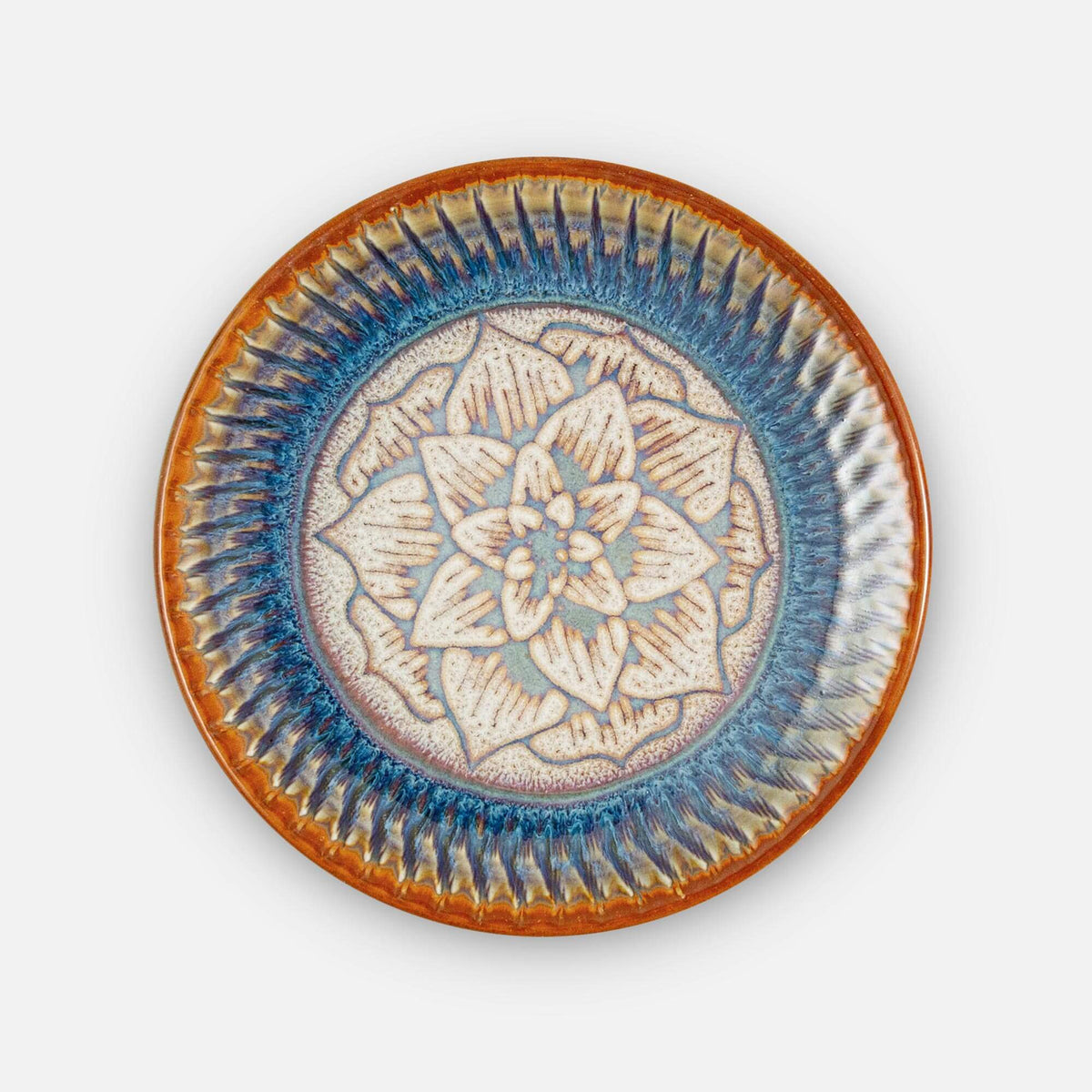 Handmade Pottery Rimless Dessert Plate made by Georgetown Pottery in Maine Purple Celtic Rose pattern