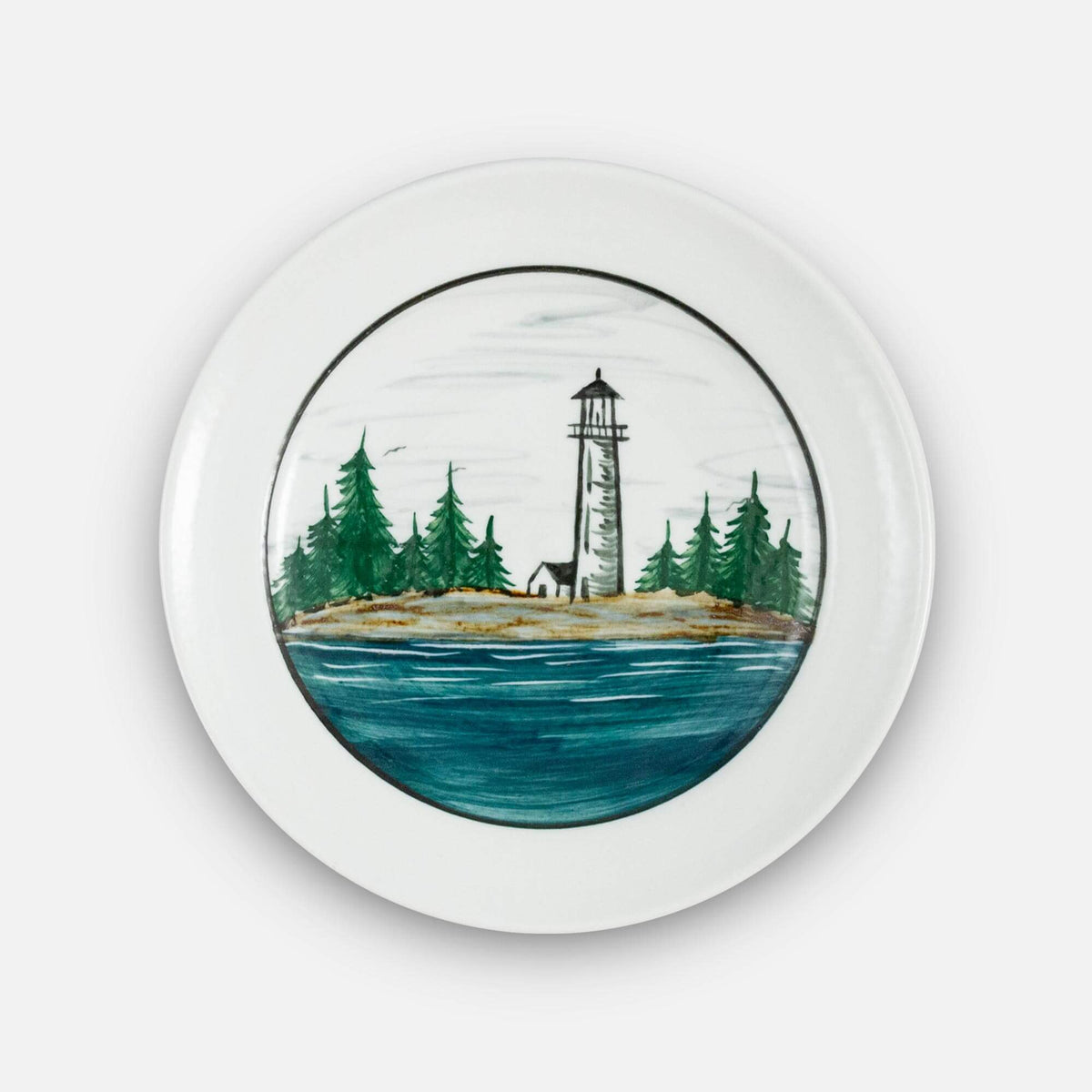 Handmade Pottery Rimless Dessert Plate made by Georgetown Pottery in Maine in Lighthouse pattern