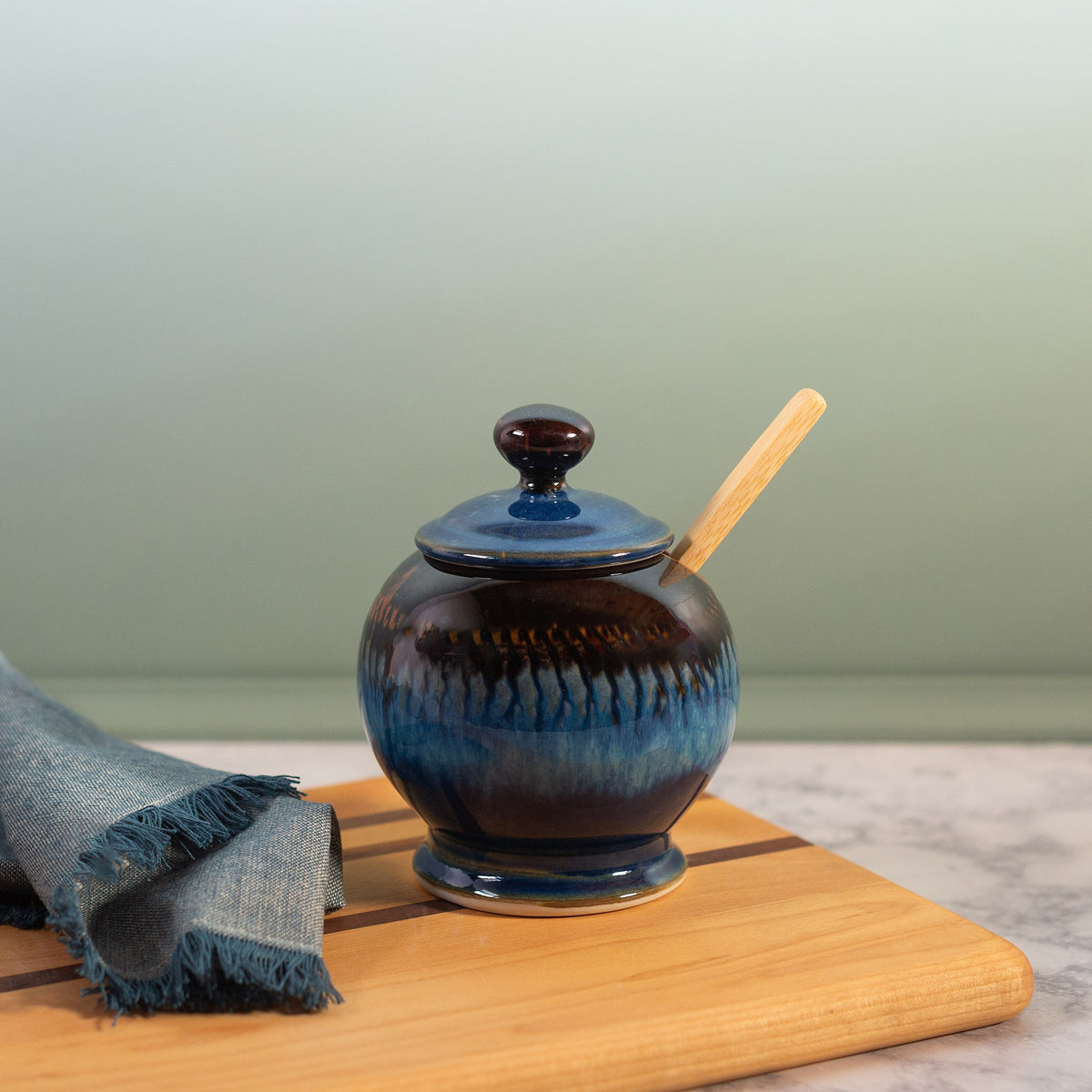 Handmade ceramic Sugar Jar in Blue Hamada made by Georgetown Pottery in Maine
