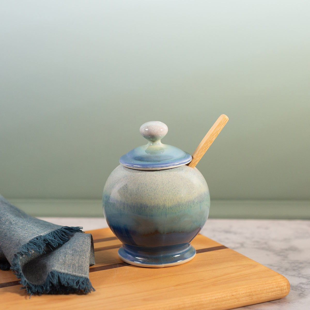 Handmade ceramic Sugar Jar in Blue Oribe made by Georgetown Pottery in Maine