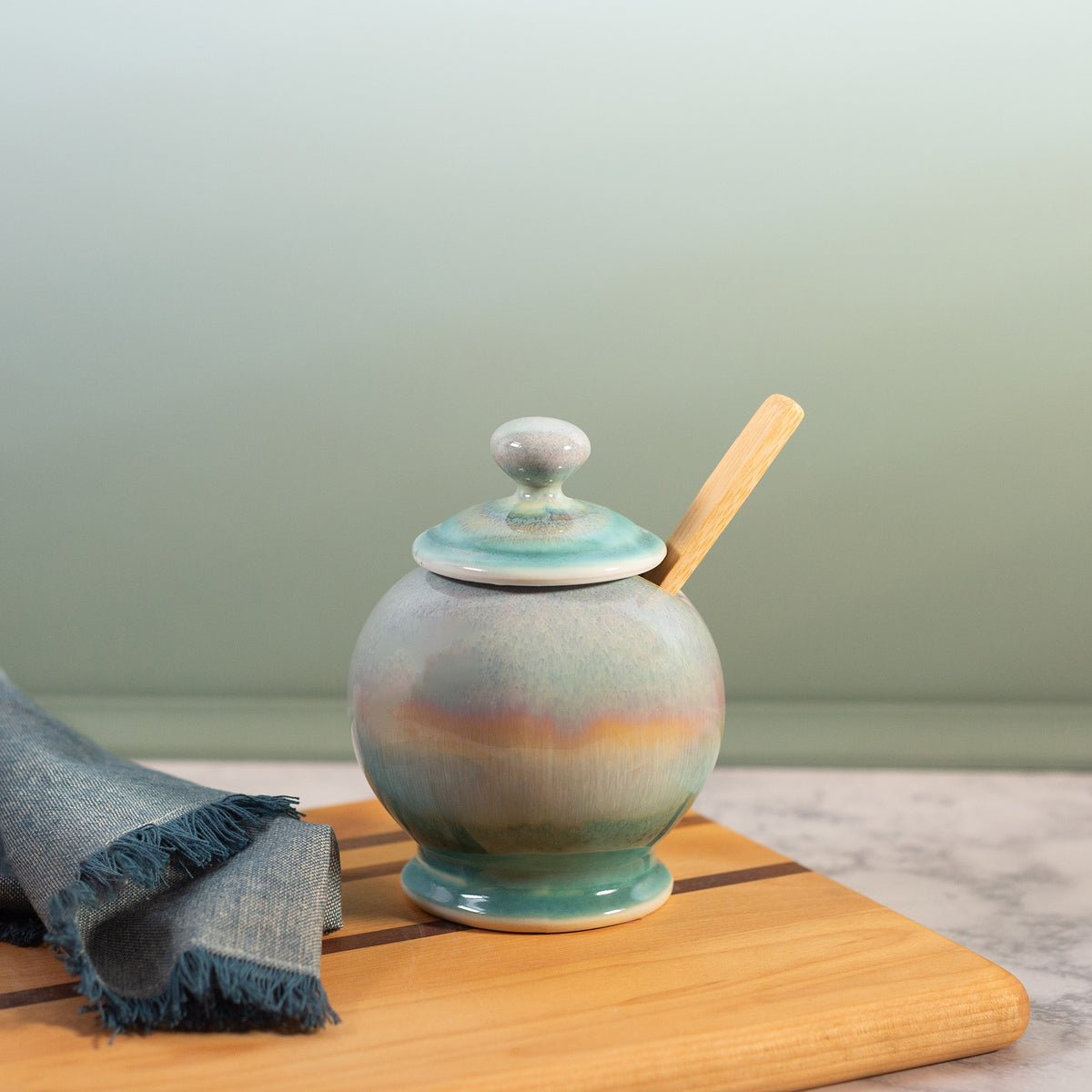 Handmade ceramic Sugar Jar in Green Oribe made by Georgetown Pottery in Maine