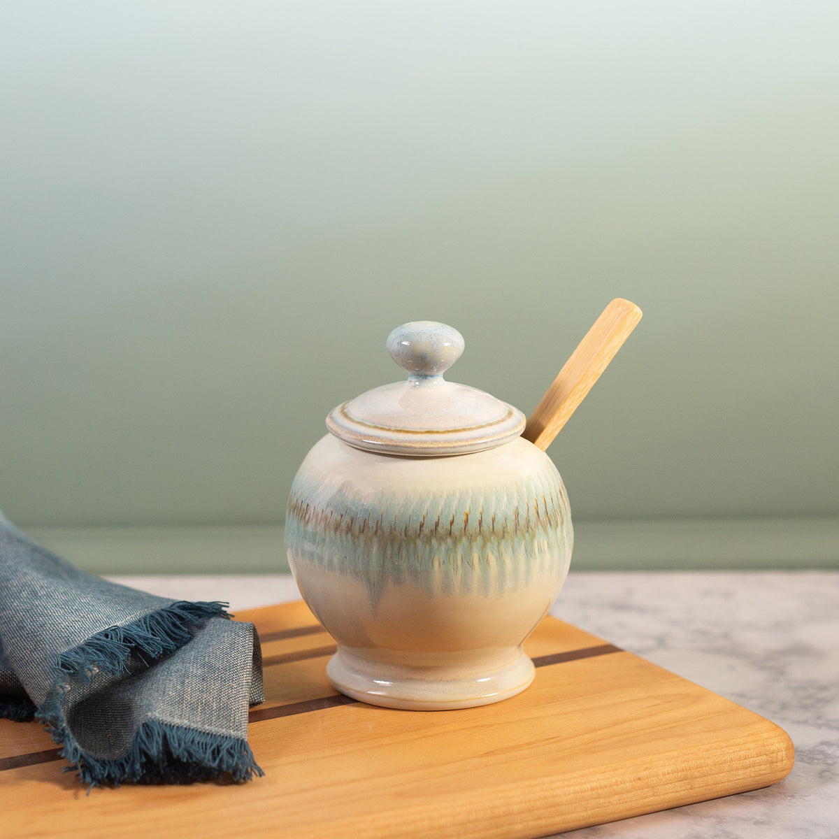 Handmade ceramic Sugar Jar in Ivory Blue made by Georgetown Pottery in Maine