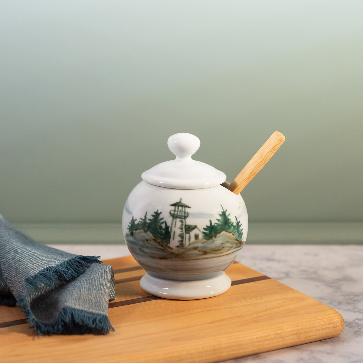 Handmade ceramic Sugar Jar in Lighthouse pattern made by Georgetown Pottery in Maine