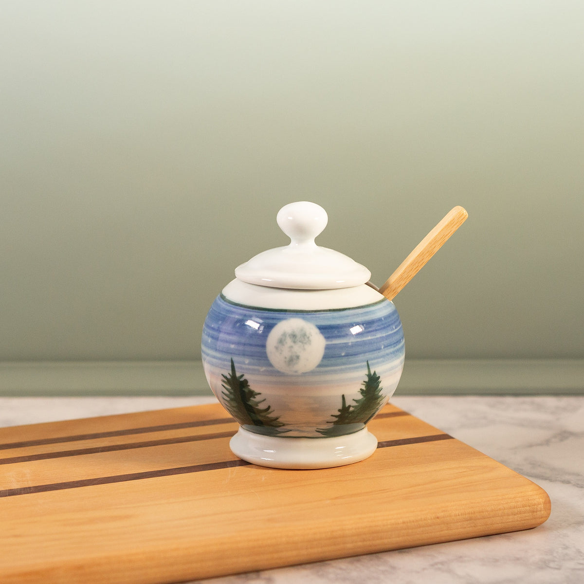 Handmade ceramic Sugar Jar in Moon pattern made by Georgetown Pottery in Maine