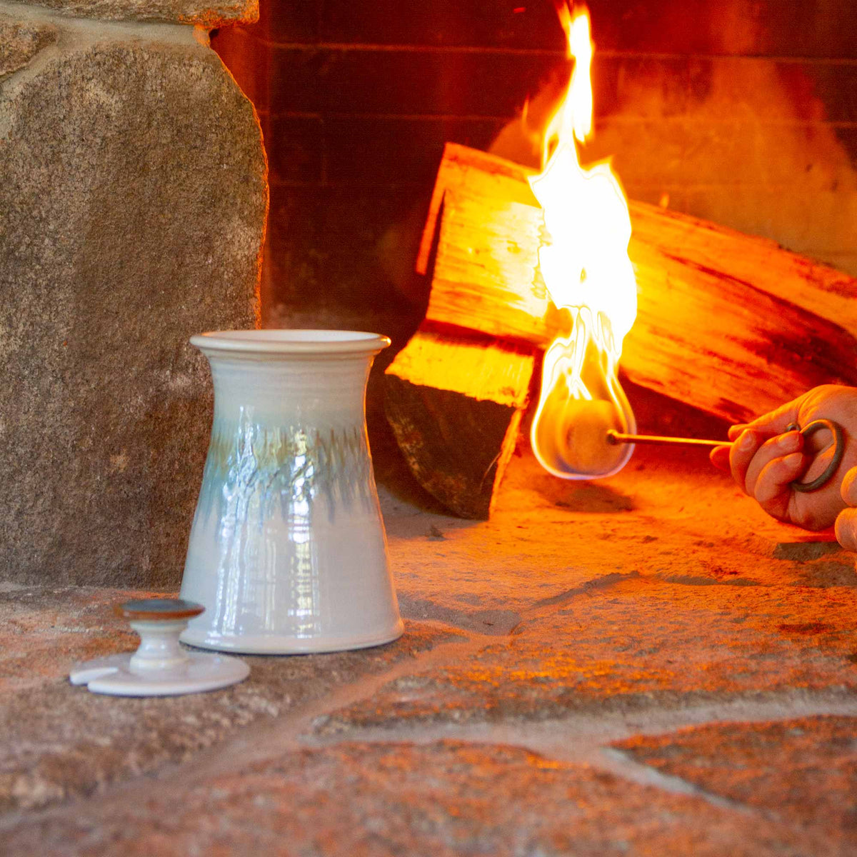 Handmade ceramic Firelighter in Ivory Blue made by Georgetown Pottery in Maine