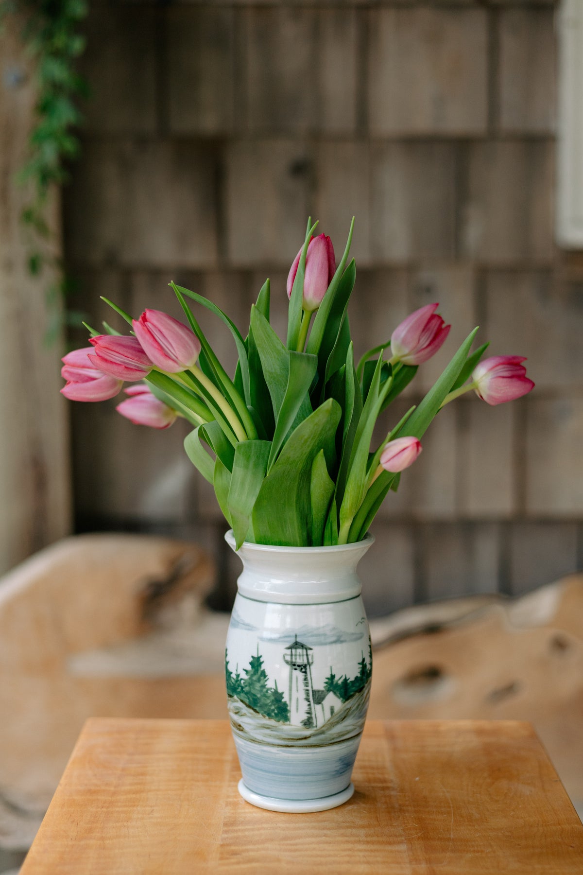 Porcelain Garden Vase in Lighthouse pattern handmade by Georgetown Pottery in Maine