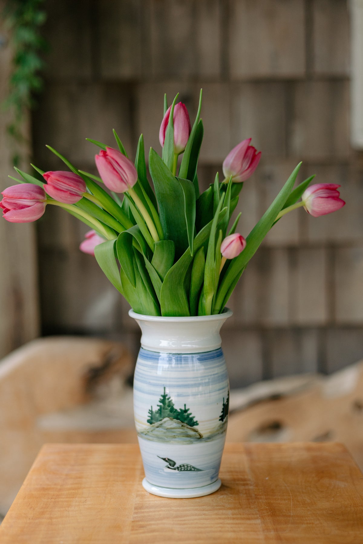 Porcelain Garden Vase in Loon pattern handmade by Georgetown Pottery in Maine