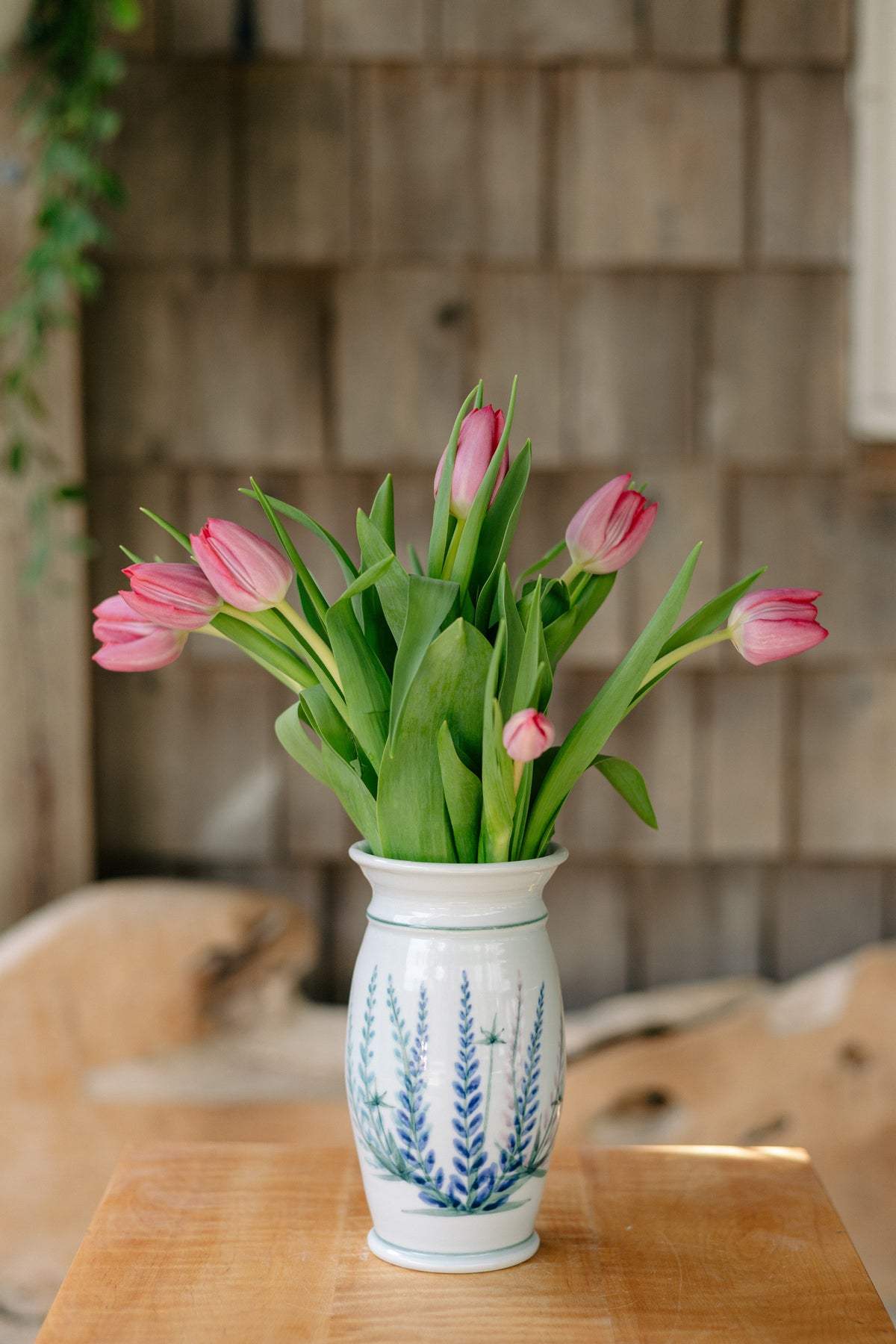 Porcelain Garden Vase in Lupine pattern handmade by Georgetown Pottery in Maine