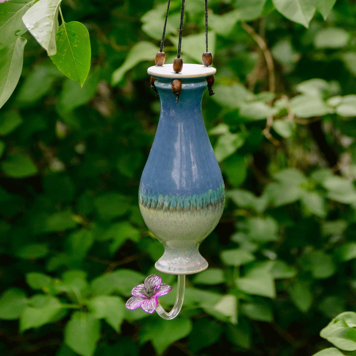 Handmade Pottery Bottle Hummingbird Feeder in Blue Oribe  pattern made by Georgetown Pottery in Maine