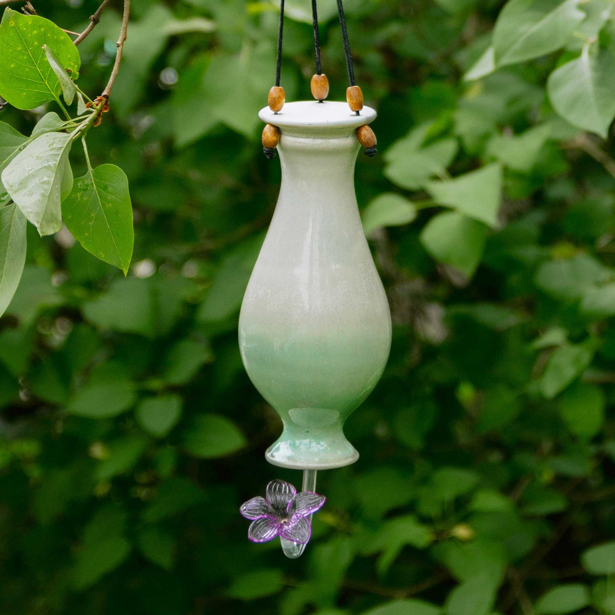 Handmade Pottery Bottle Hummingbird Feeder in Ivory & Green pattern made by Georgetown Pottery in Maine