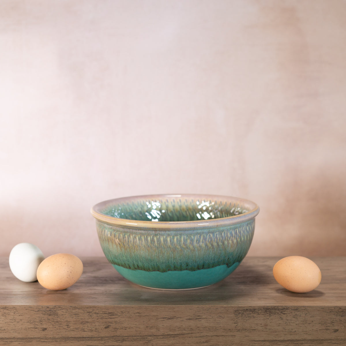 Handmade Pottery 8 Inch Mixing Bowl in Green Oribe pattern made by Georgetown Pottery in Maine