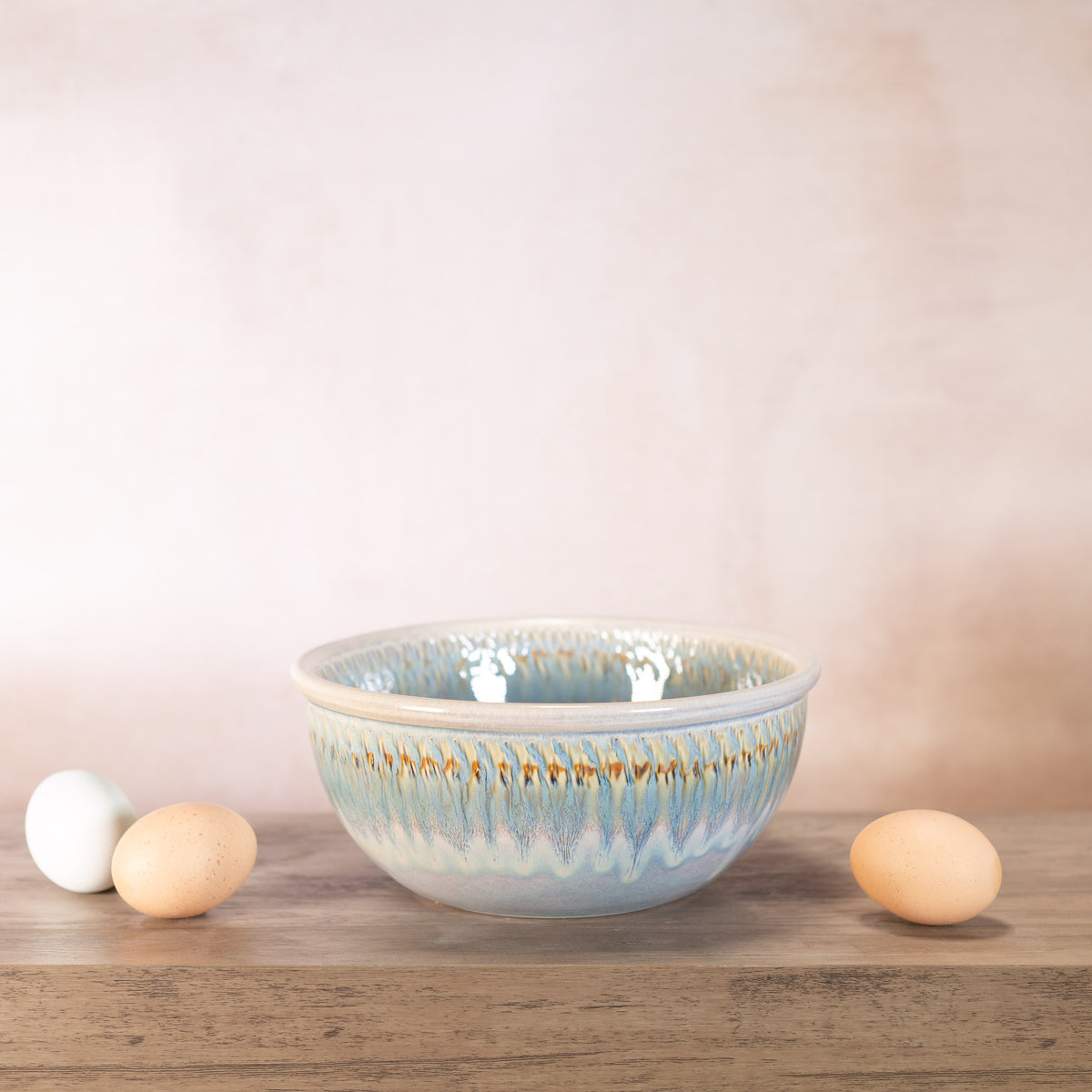 Handmade Pottery 8 Inch Mixing Bowl in Ivory Blue pattern made by Georgetown Pottery in Maine