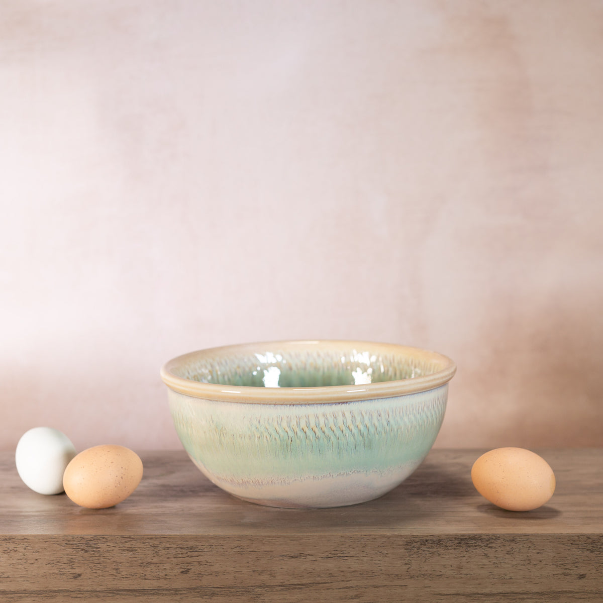 Handmade Pottery 8 Inch Mixing Bowl in Ivory Green pattern made by Georgetown Pottery in Maine