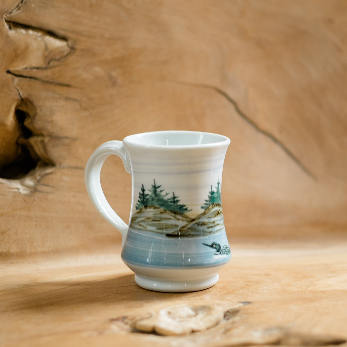 Pedestal Mug in Loon pattern made by Georgetown Pottery in Maine 