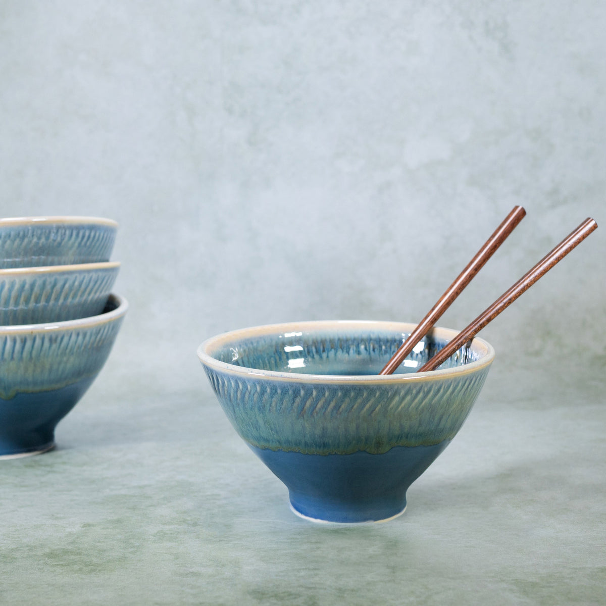Ceramic Rice & Noodle Bowl in Blue Oribe handmade by Georgetown Pottery in Maine