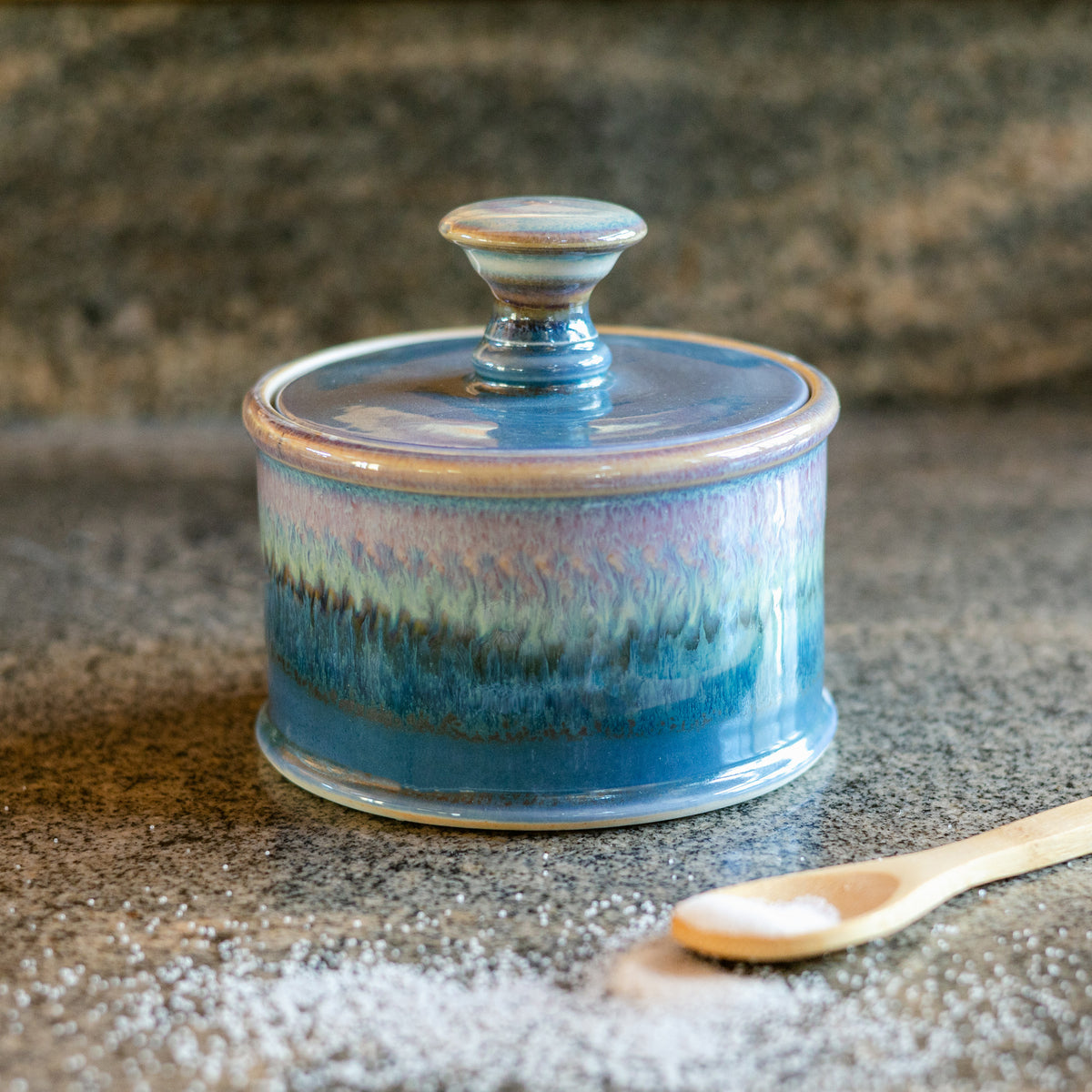Handmade ceramic Salt Cellar in Blue Oribe made by Georgetown Pottery in Maine