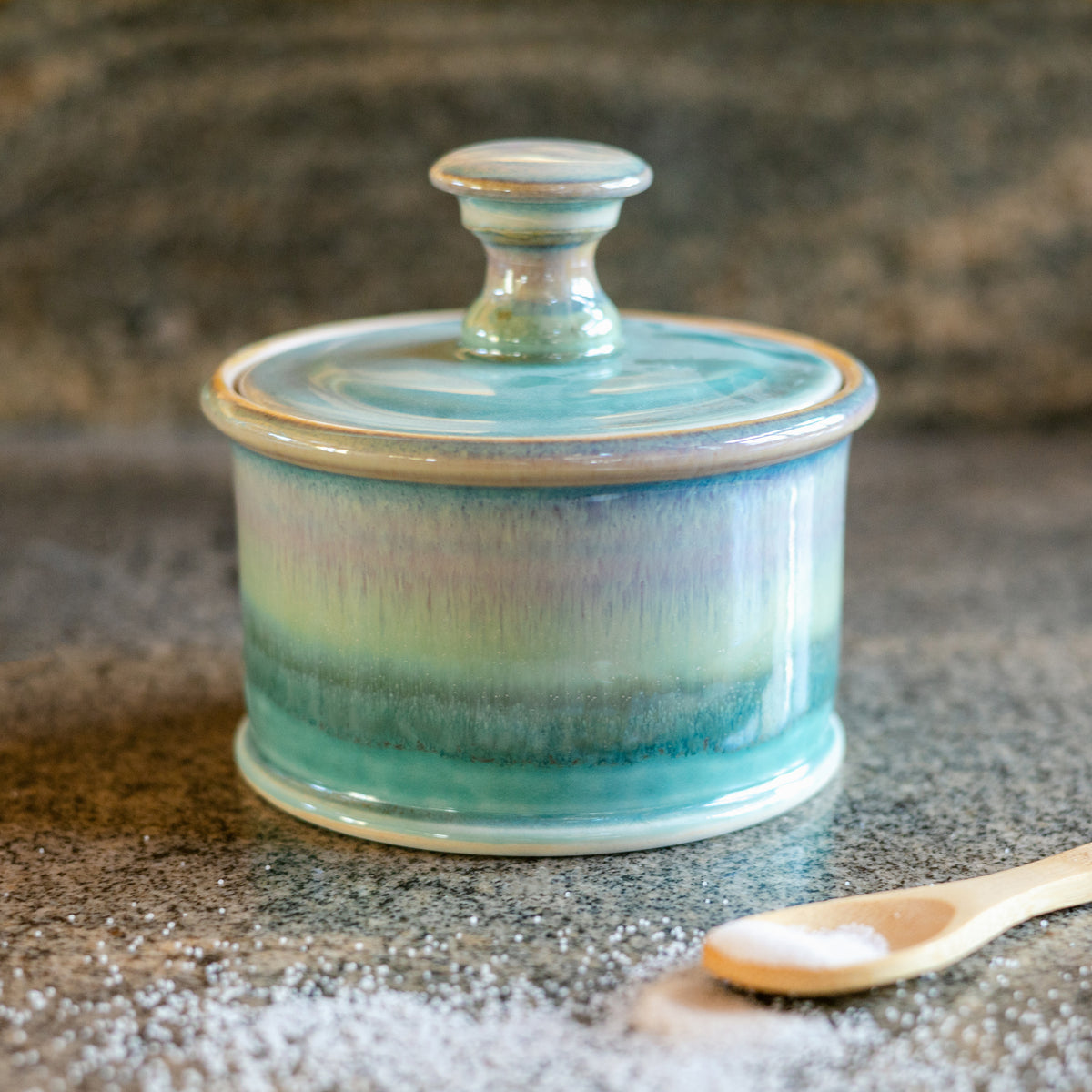 Handmade ceramic Salt Cellar in Green Oribe made by Georgetown Pottery in Maine