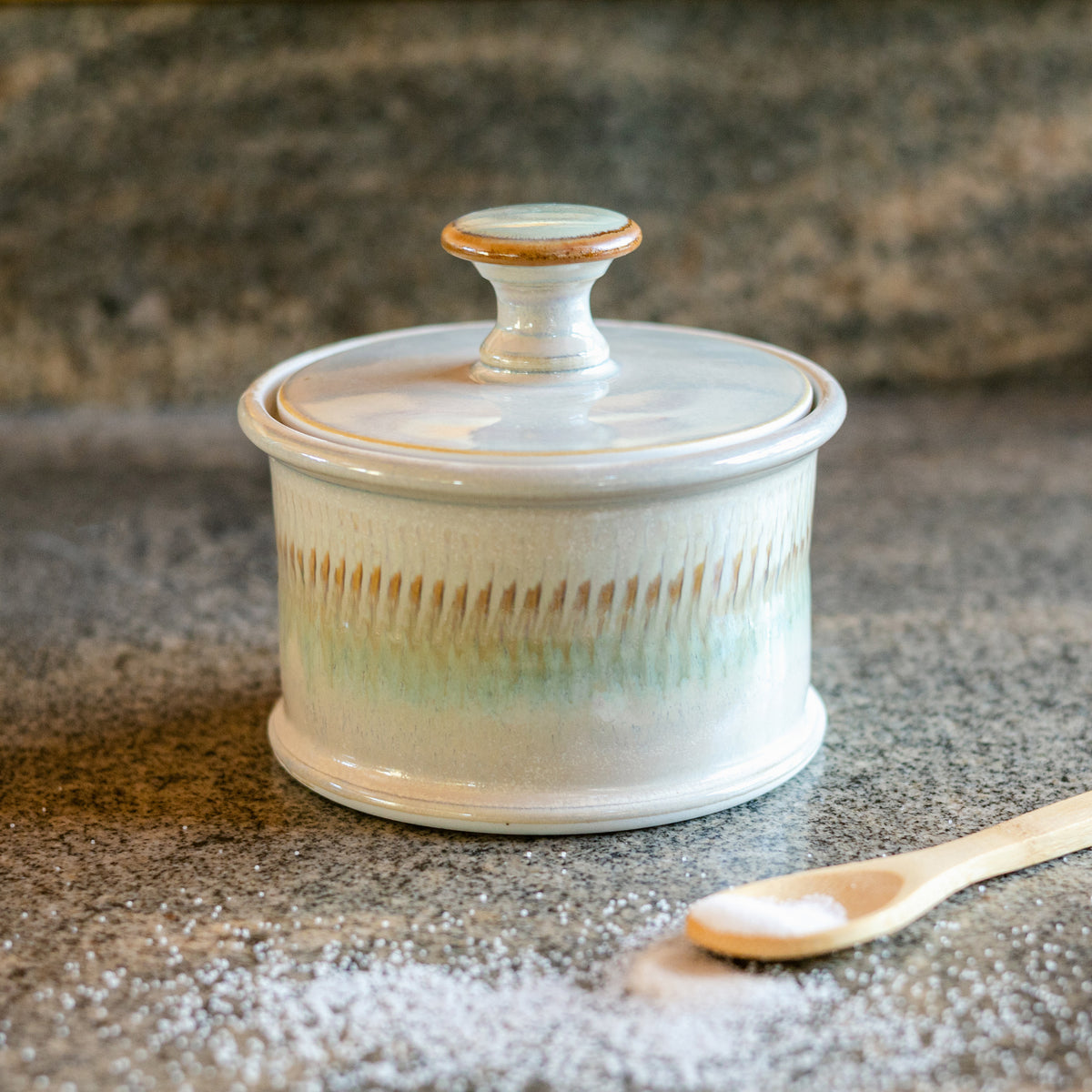 Handmade ceramic Salt Cellar in Ivory Green made by Georgetown Pottery in Maine