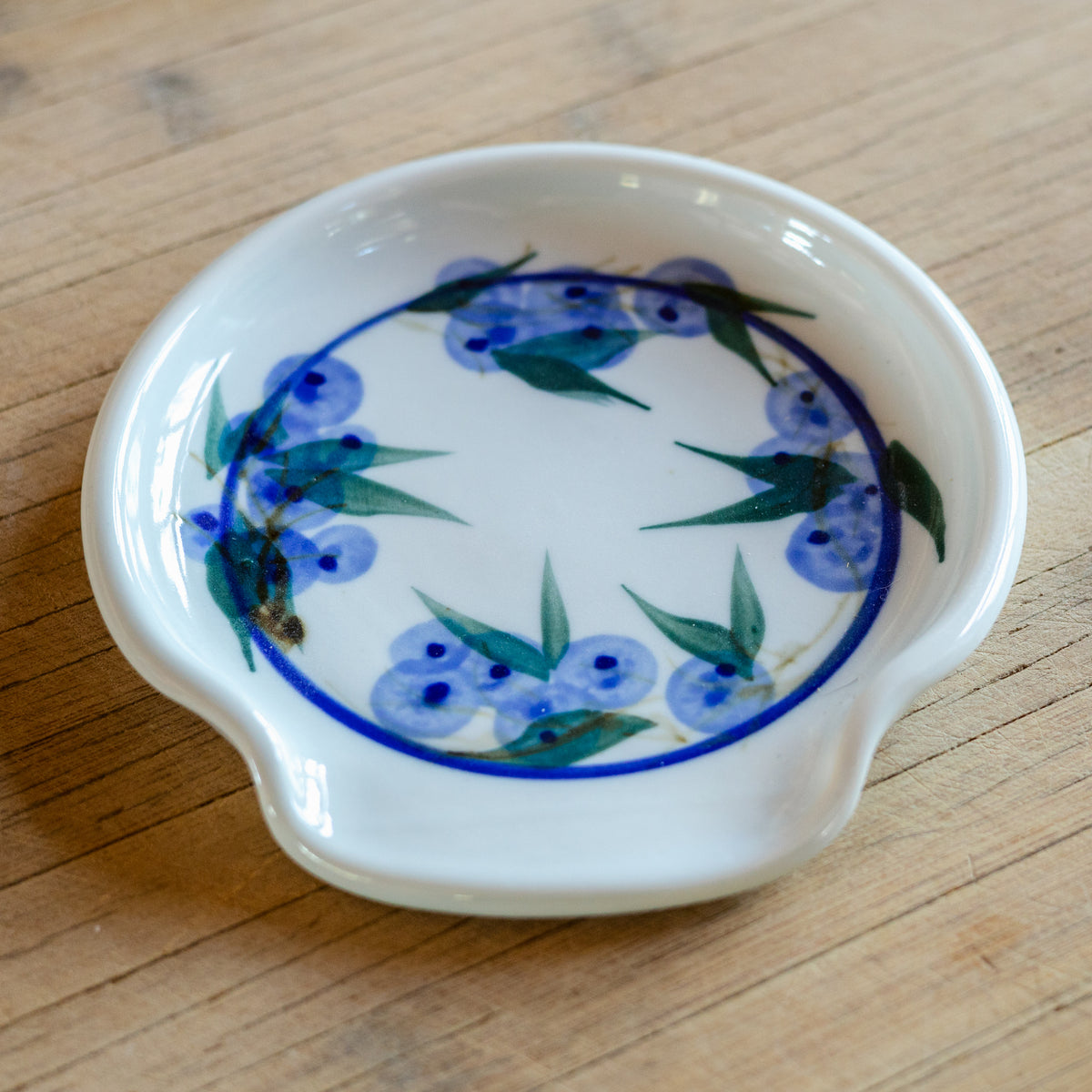 Handmade ceramic Spoon Rest in Blueberry pattern made by Georgetown Pottery in Maine