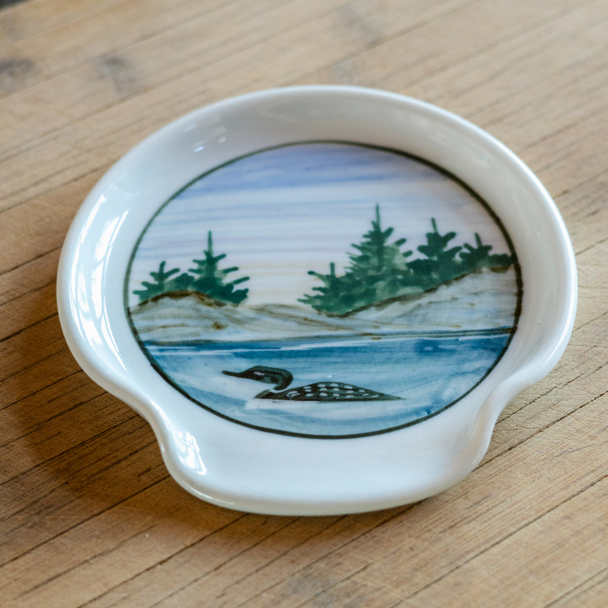 Handmade ceramic Spoon Rest in Loon pattern made by Georgetown Pottery in Maine