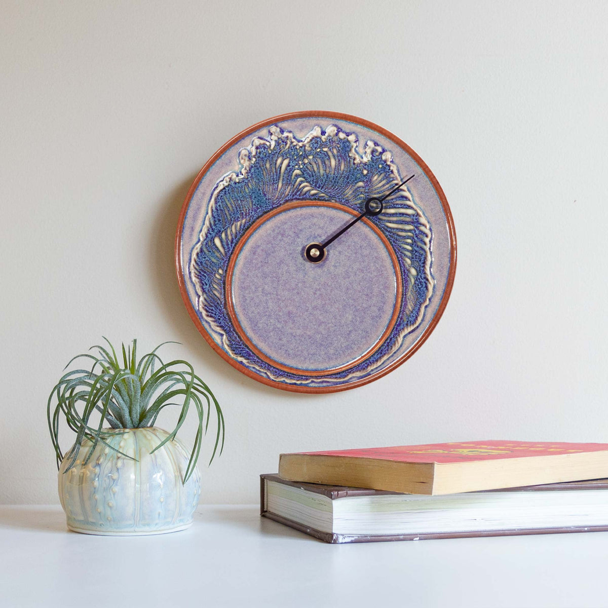 Handmade Pottery Tide Clock in Purple Wave pattern made by Georgetown Pottery in Maine