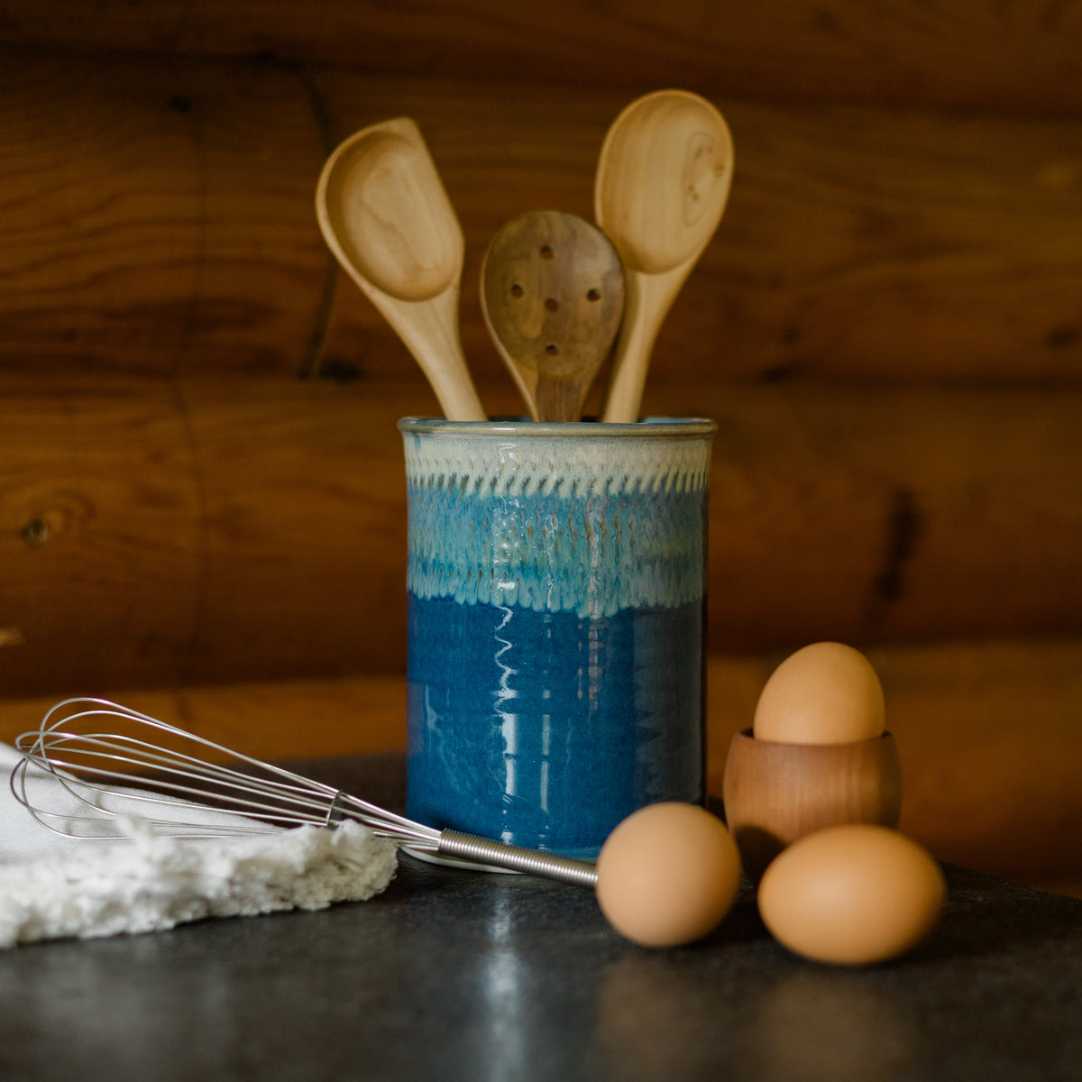 Handmade Pottery Utensil Holder in Cobalt pattern made by Georgetown Pottery in Maine
