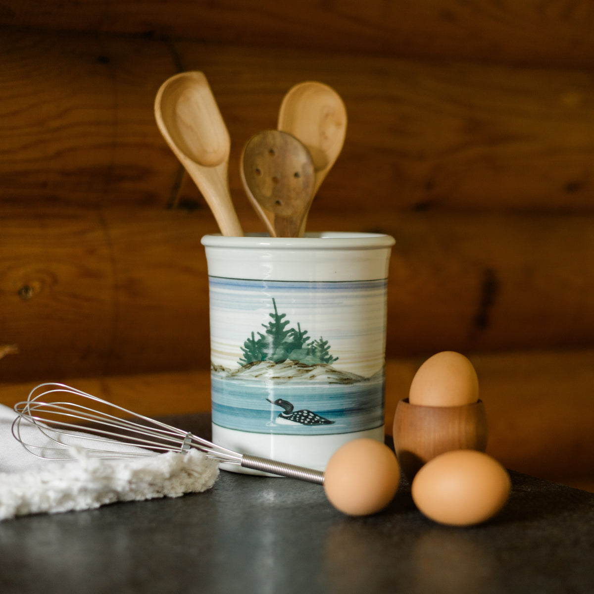 Handmade Pottery Utensil Holder in Loon pattern made by Georgetown Pottery in Maine