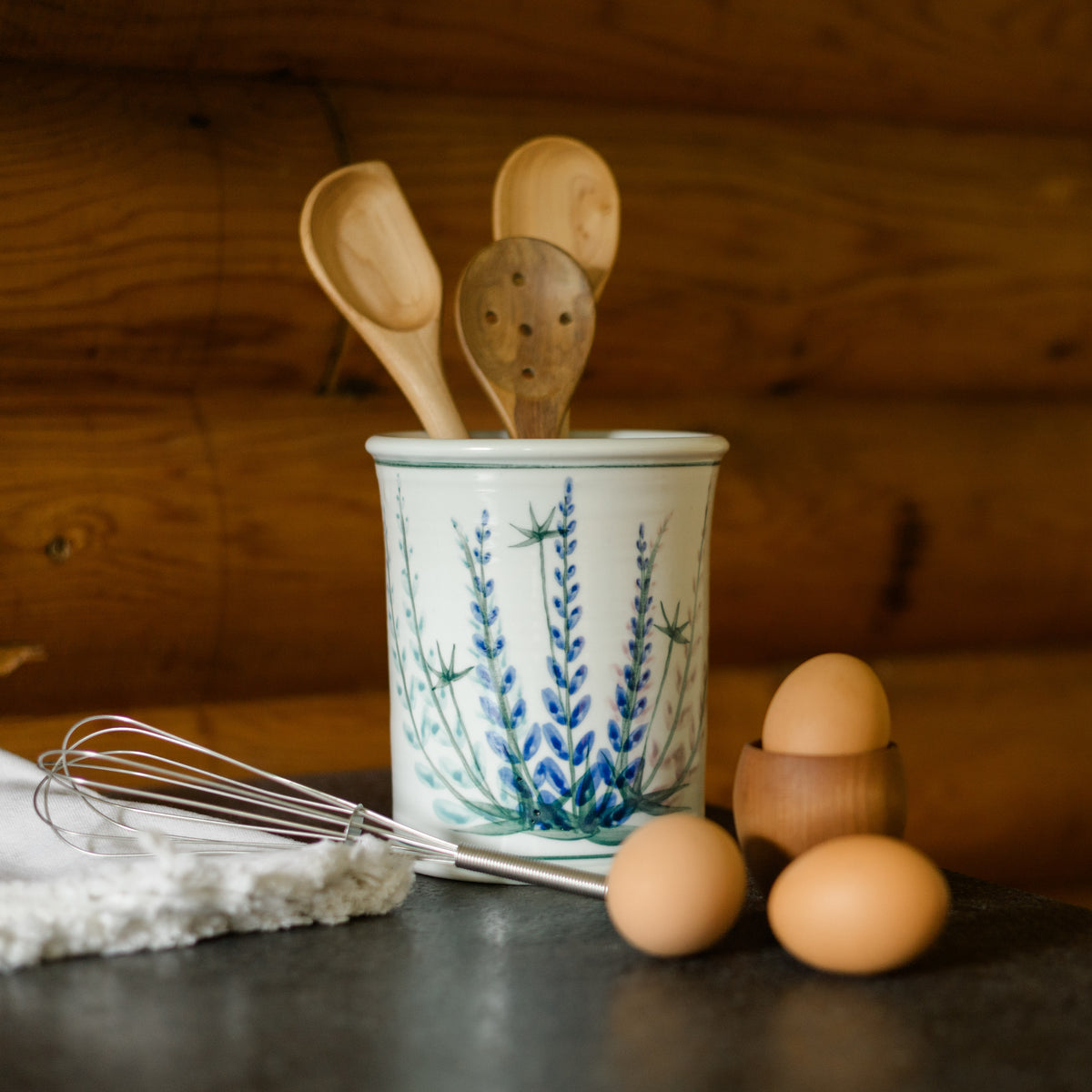 Handmade Pottery Utensil Holder in Lupine  pattern made by Georgetown Pottery in Maine