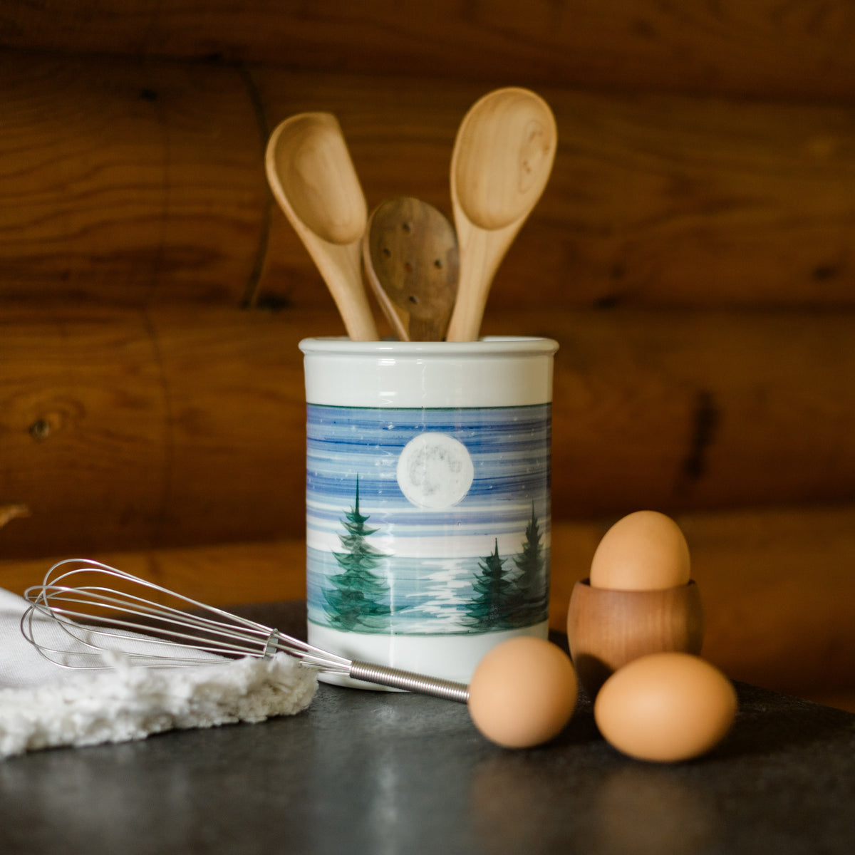Handmade Pottery Utensil Holder in Moon pattern made by Georgetown Pottery in Maine