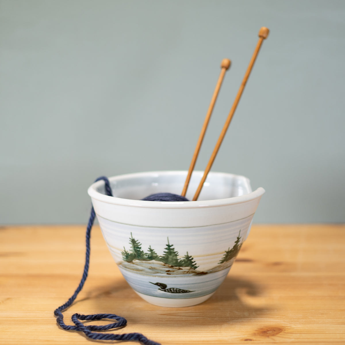Handmade Pottery Yarn Bowl in Loon pattern made by Georgetown Pottery in Maine