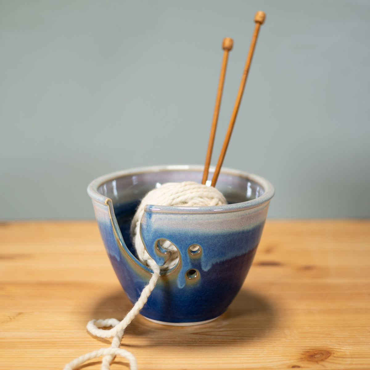 Handmade Pottery Yarn Bowl in Cobalt pattern made by Georgetown Pottery in Maine