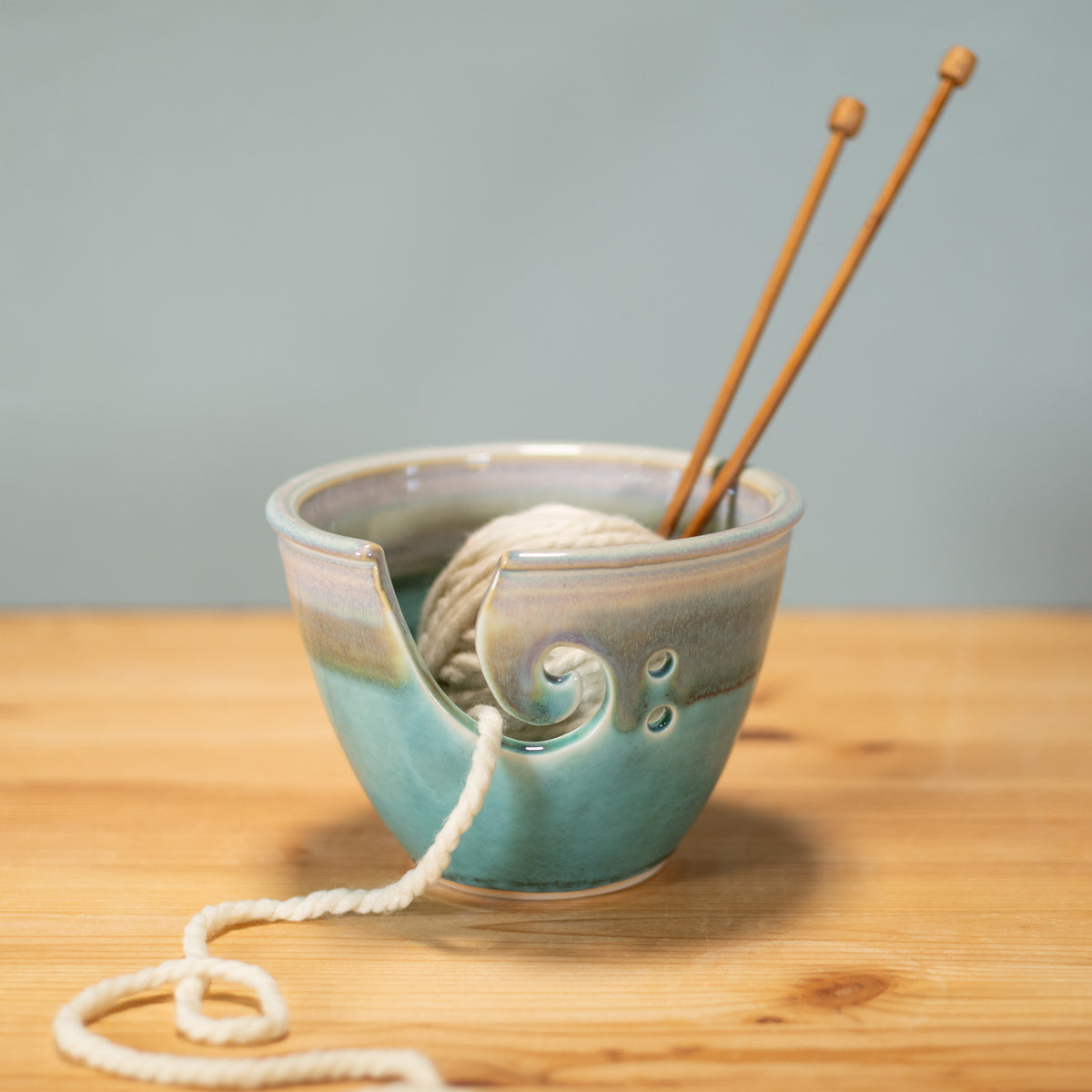 Handmade Pottery Yarn Bowl in Green Oribe pattern made by Georgetown Pottery in Maine