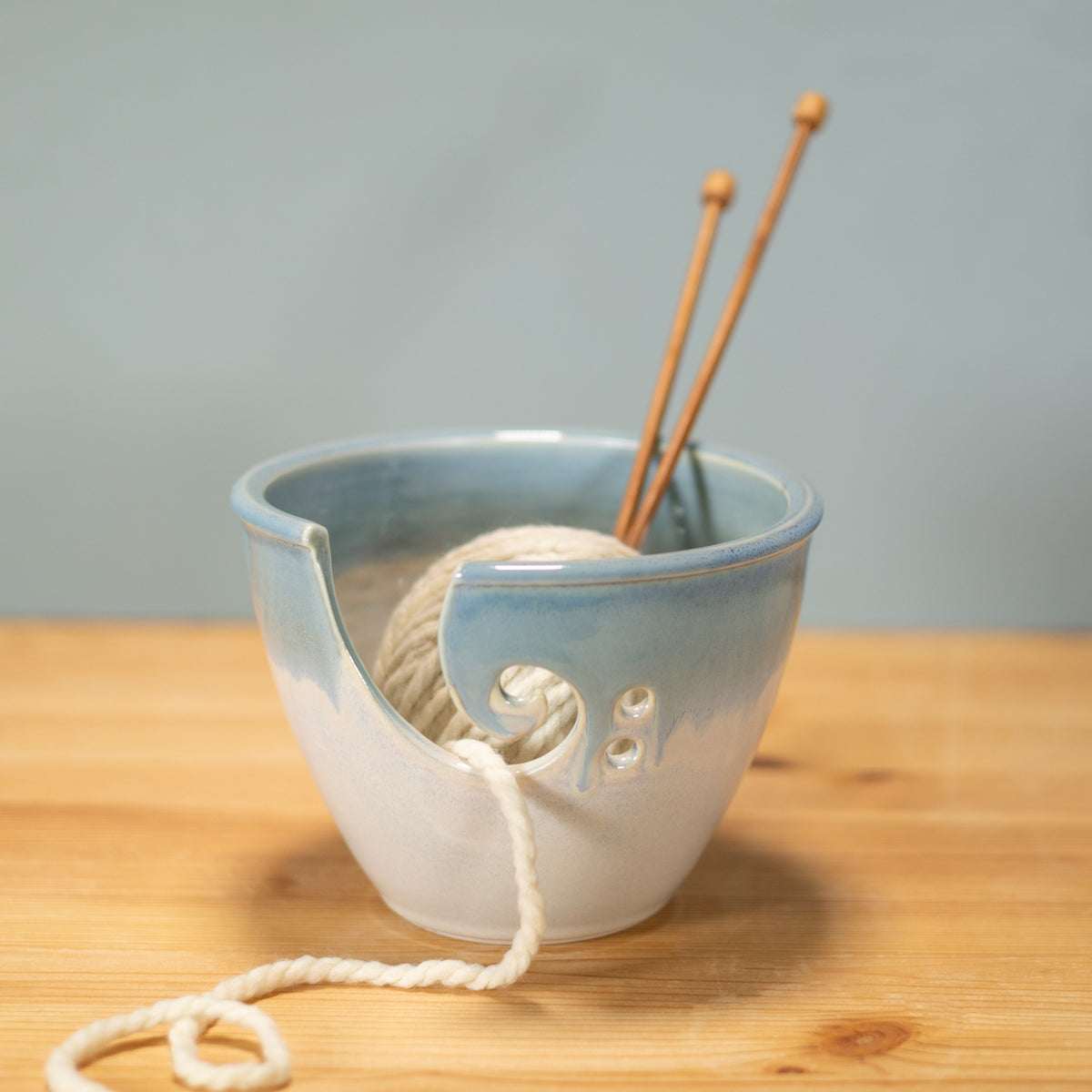 Handmade Pottery Yarn Bowl in Ivory & Blue pattern made by Georgetown Pottery in Maine