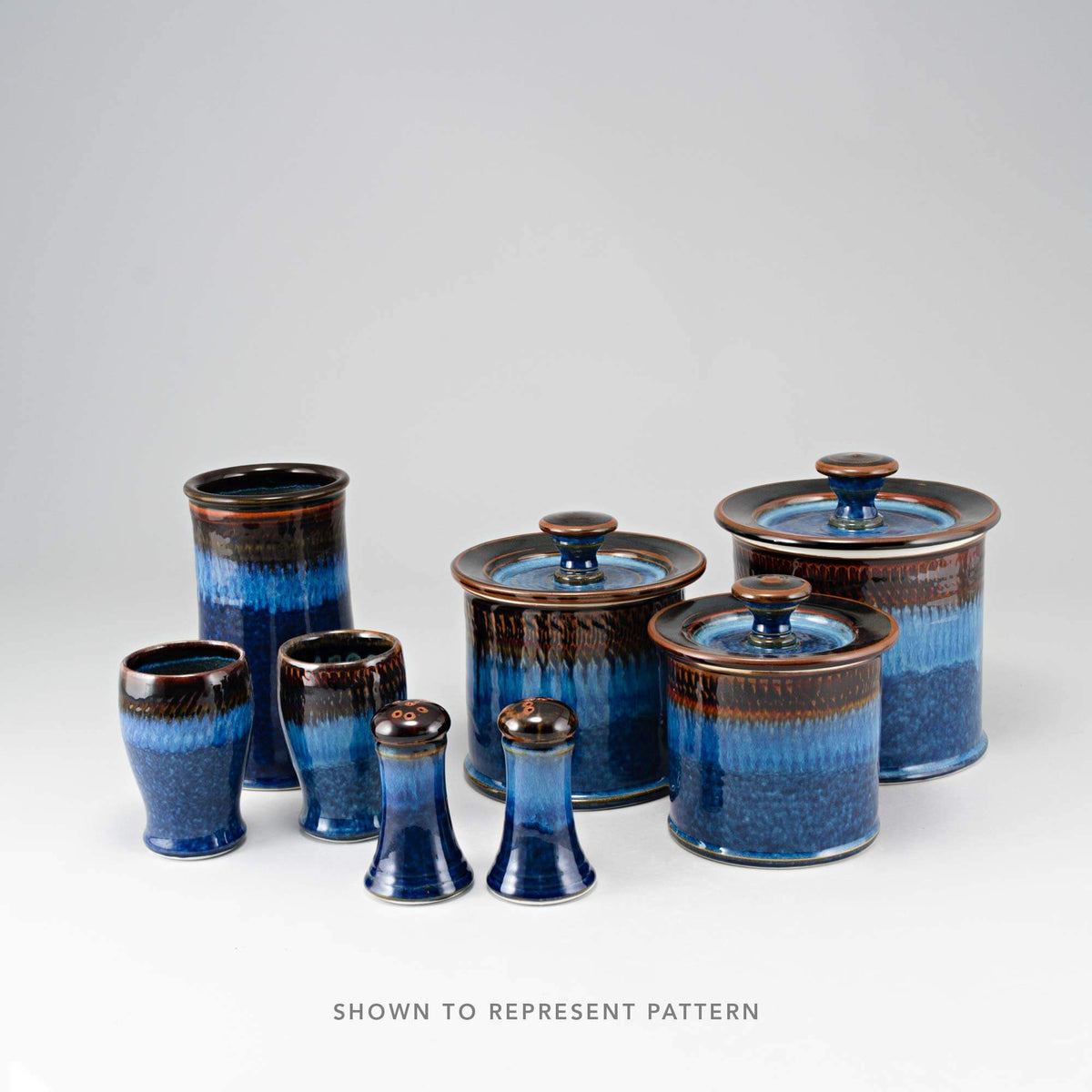 Handmade Pottery 10 Inch Round Table Lamp in Blue Hamada pattern made by Georgetown Pottery in Maine