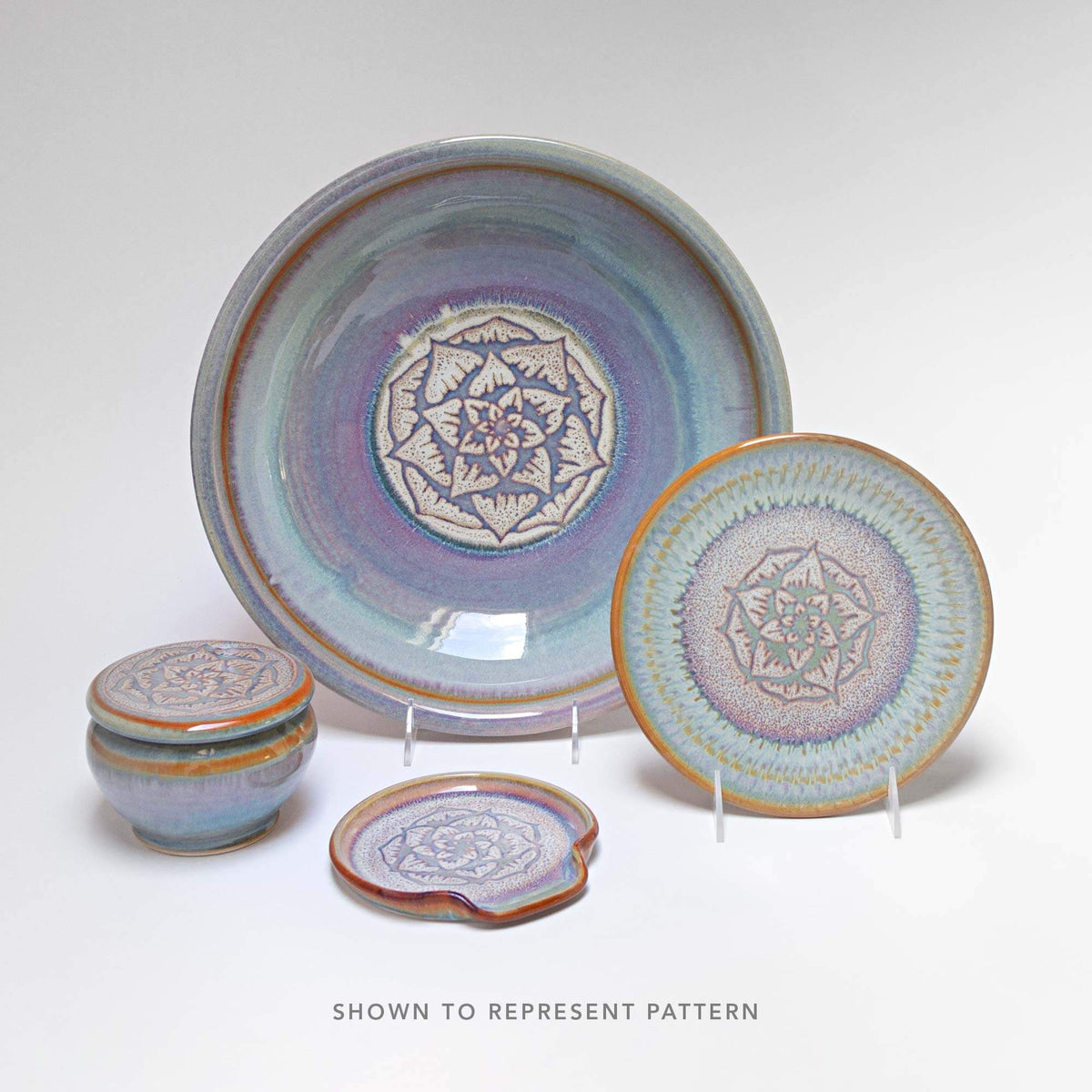 Handmade Pottery Tapas Plate in Purple Celtic Flower pattern made by Georgetown Pottery in Maine